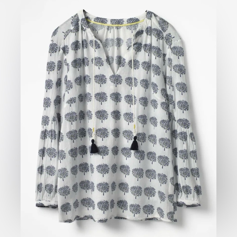 Boden gauzy tree print tie neck pullover boho blouse size 6